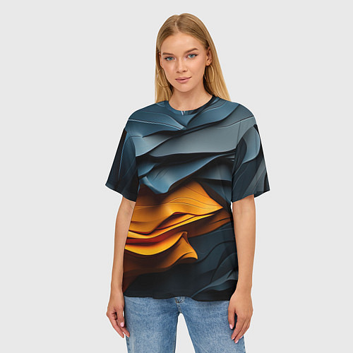 Женская футболка оверсайз Темная текстура с желтой вставкой / 3D-принт – фото 3