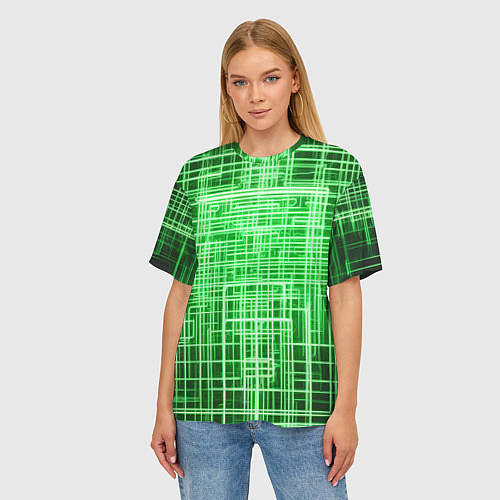 Женская футболка оверсайз Зелёные неоновые полосы киберпанк / 3D-принт – фото 3