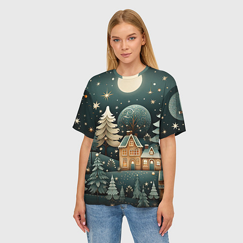 Женская футболка оверсайз Снежная деревня в праздничном наряде / 3D-принт – фото 3