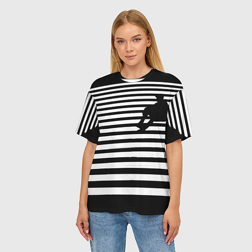 Женская футболка оверсайз Силуэт на чёрно белом полосы / 3D-принт – фото 3