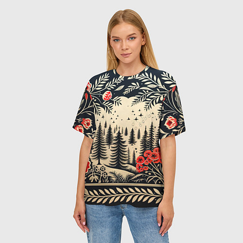 Женская футболка оверсайз Новогодний лес с узорами / 3D-принт – фото 3