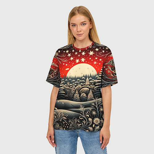 Женская футболка оверсайз Новогодняя сказка зимний рисунок / 3D-принт – фото 3