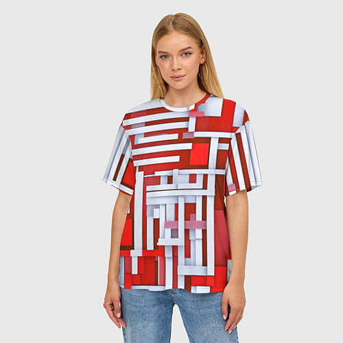 Женская футболка оверсайз Полосы на красном фоне / 3D-принт – фото 3