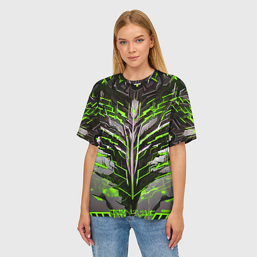 Женская футболка оверсайз Киберпанк доспех зелёный / 3D-принт – фото 3