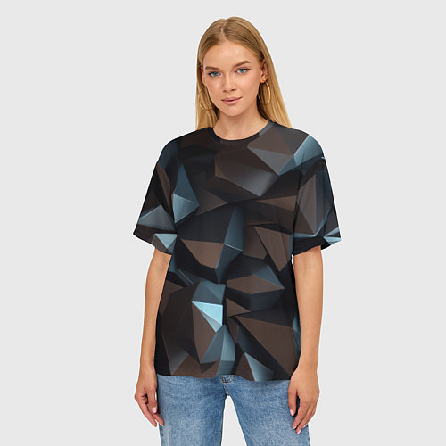 Женская футболка оверсайз Черная геометрическая абстракция - объемные грани / 3D-принт – фото 3