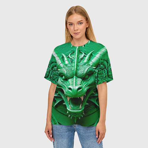 Женская футболка оверсайз Нейросеть - барельеф зелёный дракон / 3D-принт – фото 3