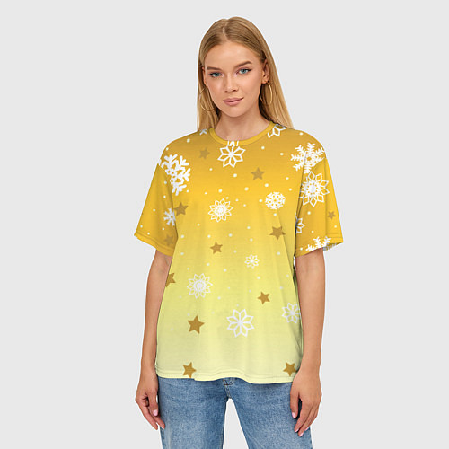 Женская футболка оверсайз Снежинки и звезды на желтом / 3D-принт – фото 3