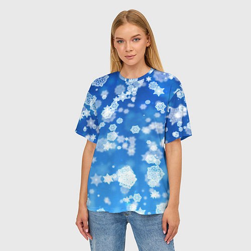 Женская футболка оверсайз Декоративные снежинки на синем / 3D-принт – фото 3
