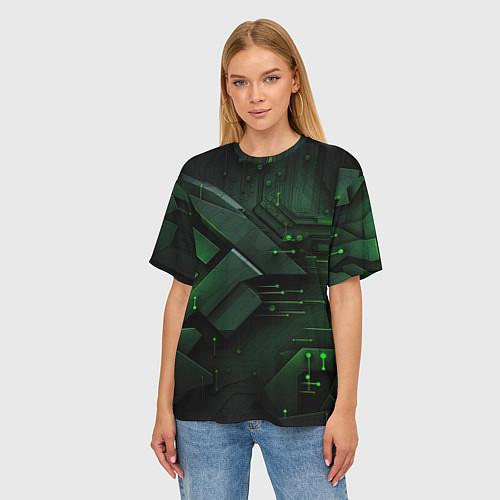 Женская футболка оверсайз Пространственные узоры зелени / 3D-принт – фото 3