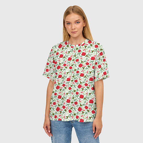 Женская футболка оверсайз Красная пуансеттия с листьями / 3D-принт – фото 3