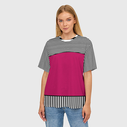 Женская футболка оверсайз Узор из красного и черно-белых полос / 3D-принт – фото 3