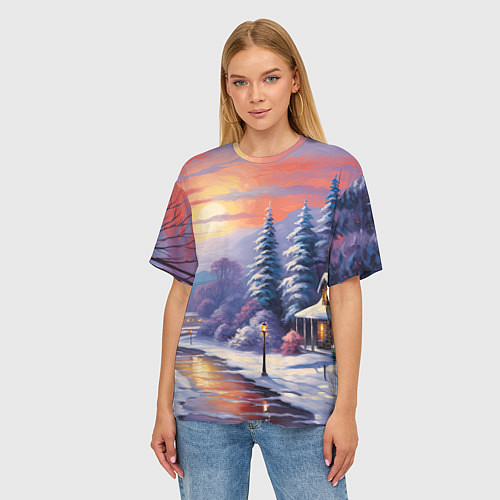 Женская футболка оверсайз Заснеженный новогодний лес чудес / 3D-принт – фото 3