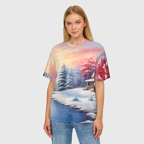 Женская футболка оверсайз Сказочная метель подарков / 3D-принт – фото 3