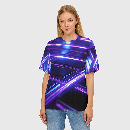 Женская футболка оверсайз Фиолетовые неоновые плиты / 3D-принт – фото 3