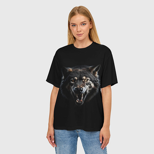 Женская футболка оверсайз Волк чёрный хищник / 3D-принт – фото 3