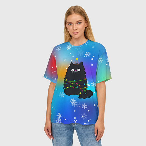 Женская футболка оверсайз Новогодний котик и снежинки / 3D-принт – фото 3