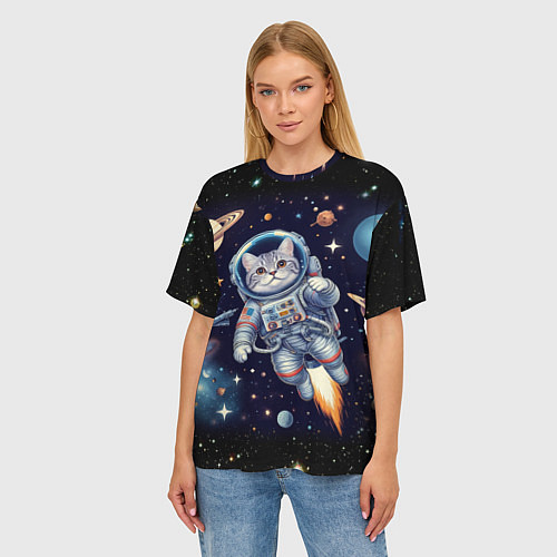 Женская футболка оверсайз Крутой котик в открытом космосе - нейросеть / 3D-принт – фото 3