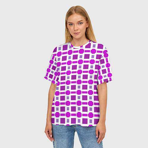 Женская футболка оверсайз Фиолетовые кирпичики и белые полосы / 3D-принт – фото 3