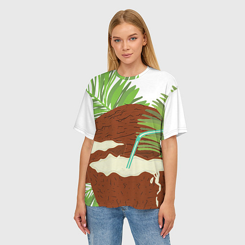 Женская футболка оверсайз Кокосы и листья / 3D-принт – фото 3