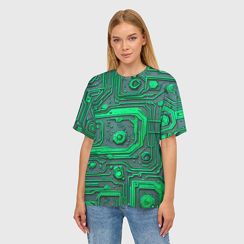 Женская футболка оверсайз Неоновая плата с микросхемами и гайками / 3D-принт – фото 3