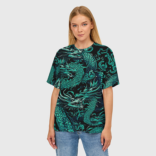 Женская футболка оверсайз Дракон бирюзового цвета / 3D-принт – фото 3