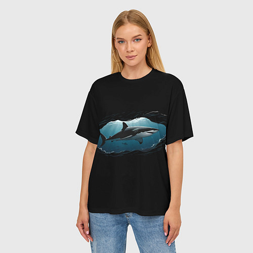Женская футболка оверсайз Акула в овале / 3D-принт – фото 3