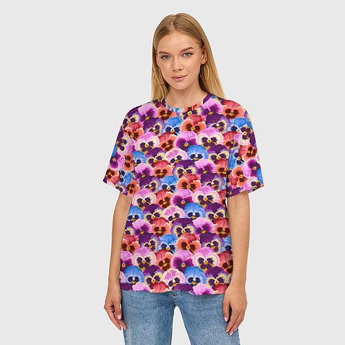 Женская футболка оверсайз Разноцветные анютины глазки / 3D-принт – фото 3