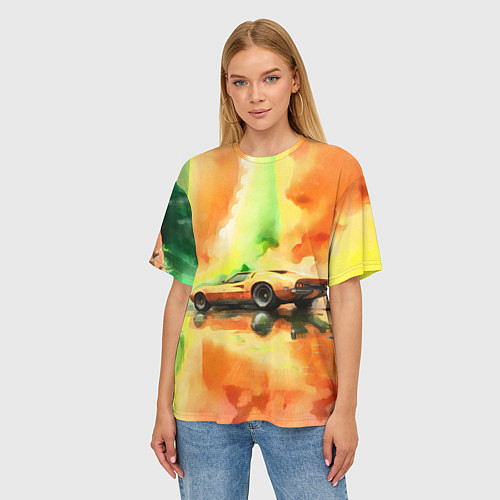 Женская футболка оверсайз Машина на оранжево зеленом фоне акварель / 3D-принт – фото 3
