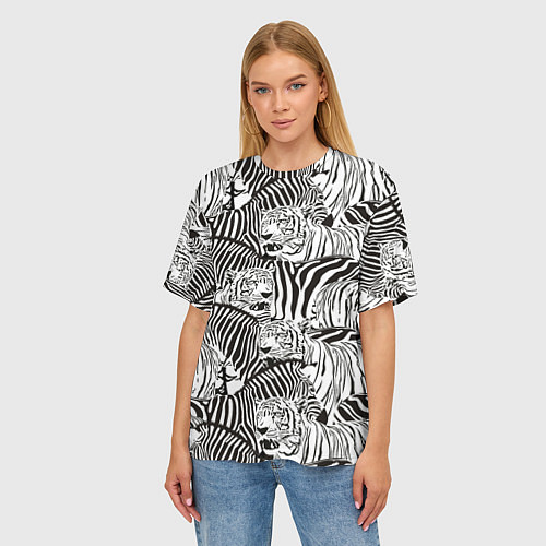 Женская футболка оверсайз Зебры и тигры / 3D-принт – фото 3
