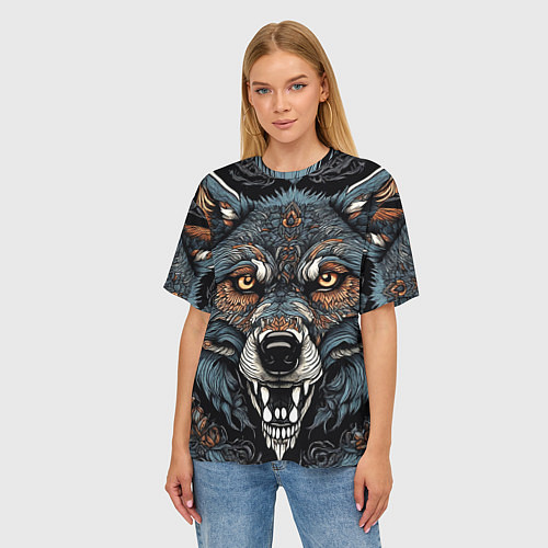 Женская футболка оверсайз Дикий волк с узорами / 3D-принт – фото 3