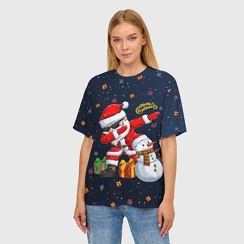 Женская футболка оверсайз Санта Клаус и снеговик / 3D-принт – фото 3