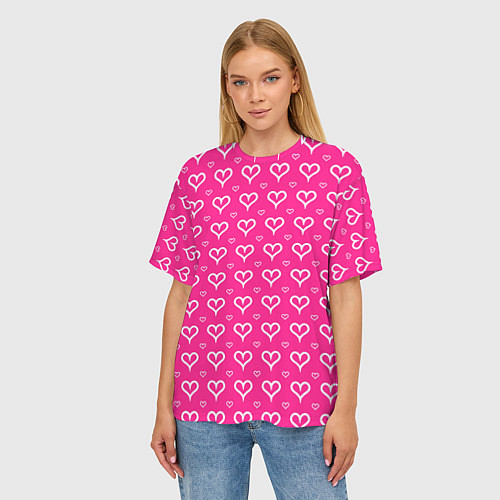 Женская футболка оверсайз Сердечки паттерн насыщенный розовый / 3D-принт – фото 3