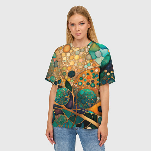 Женская футболка оверсайз Вдохновение Климтом - изумрудная абстракция с круг / 3D-принт – фото 3