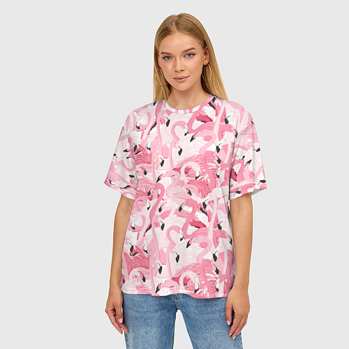Женская футболка оверсайз Стая розовых фламинго / 3D-принт – фото 3