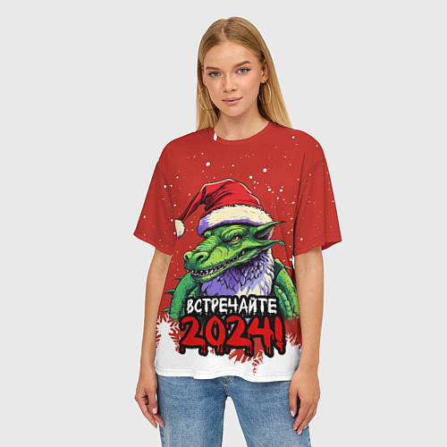 Женская футболка оверсайз Встречайте 2024 год зеленого дракона / 3D-принт – фото 3