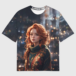 Футболка оверсайз женская Девушка в новогодней кофте, цвет: 3D-принт