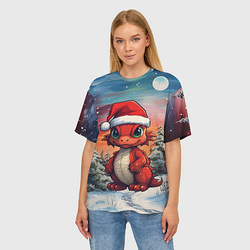 Женская футболка оверсайз Маленький красный дракон / 3D-принт – фото 3