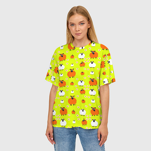 Женская футболка оверсайз Стадо овец в поле / 3D-принт – фото 3