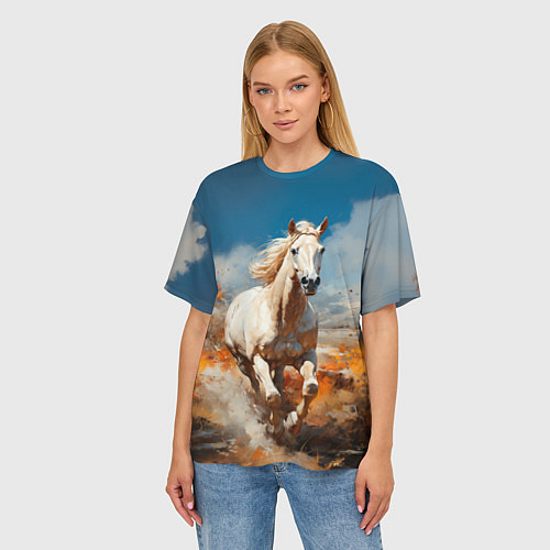 Женская футболка оверсайз Белая лошадь скачет в поле / 3D-принт – фото 3
