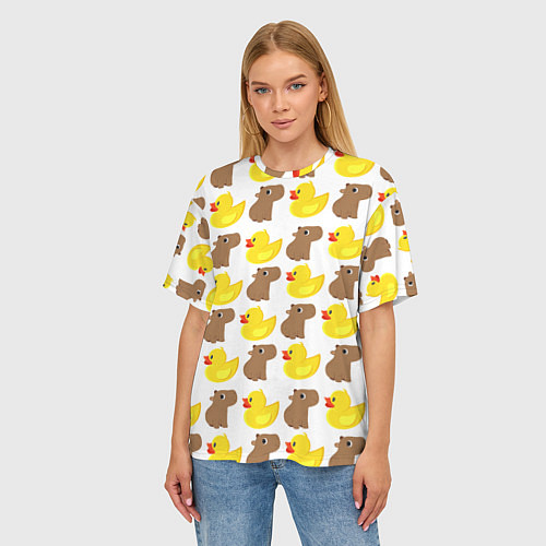 Женская футболка оверсайз Капибара с желтой уткой / 3D-принт – фото 3