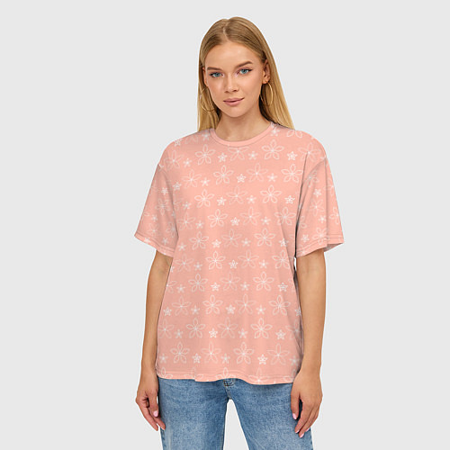 Женская футболка оверсайз Паттерн персиковый маленькие стилизованные цветы / 3D-принт – фото 3