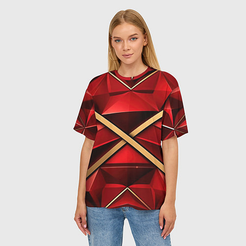 Женская футболка оверсайз Золотые ленты на красном фоне / 3D-принт – фото 3