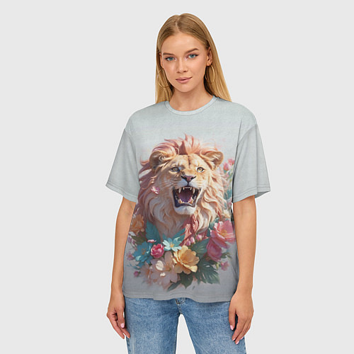Женская футболка оверсайз Голова льва в цветах на холсте / 3D-принт – фото 3