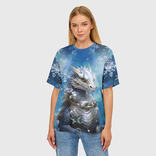 Женская футболка оверсайз Зимний дракон / 3D-принт – фото 3
