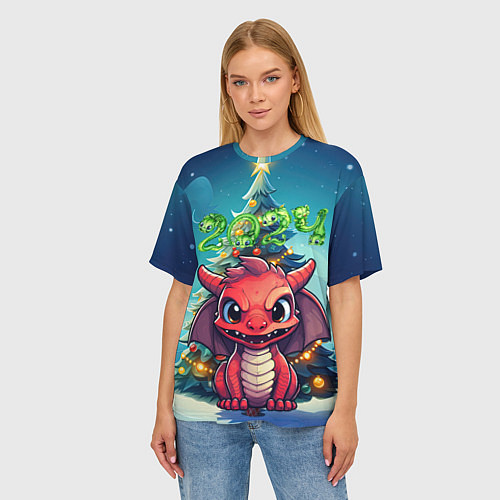 Женская футболка оверсайз Красный злой дракошка / 3D-принт – фото 3