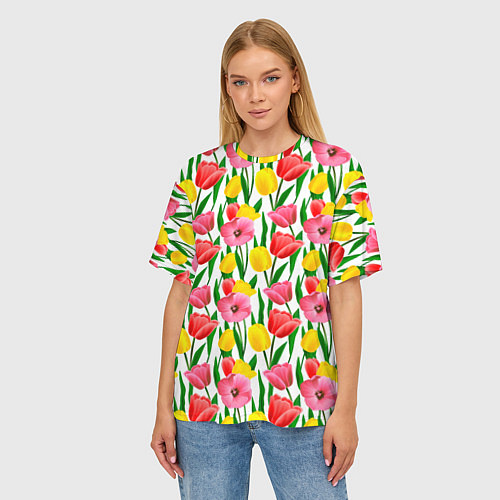 Женская футболка оверсайз Colorful tulips / 3D-принт – фото 3