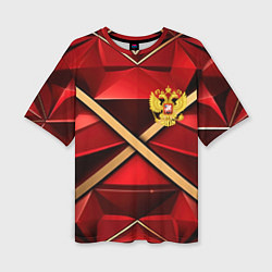 Футболка оверсайз женская Герб России на красном абстрактном фоне, цвет: 3D-принт