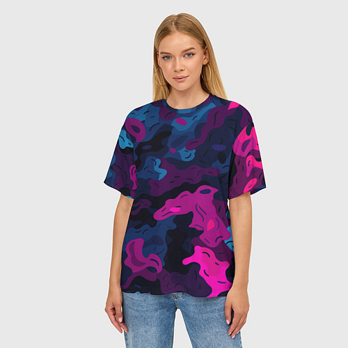 Женская футболка оверсайз Синий и фиолетовый абстрактный камуфляж / 3D-принт – фото 3