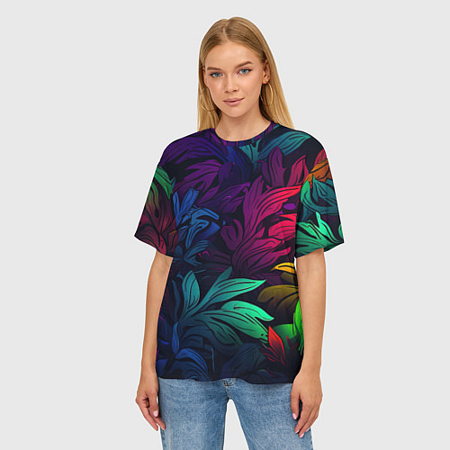 Женская футболка оверсайз Яркие абстрактные листья / 3D-принт – фото 3