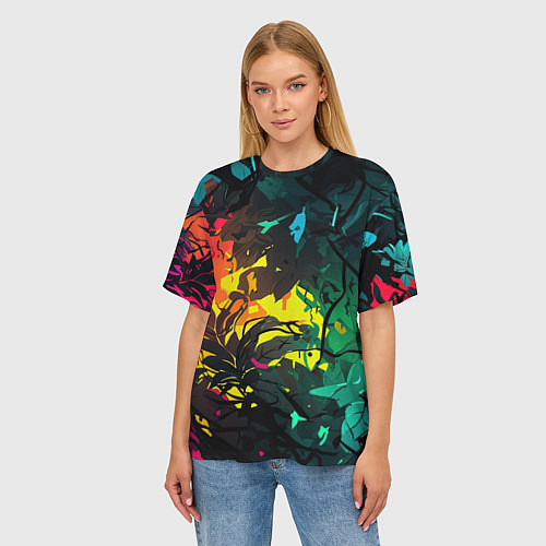 Женская футболка оверсайз Яркие разноцветные абстрактные листья / 3D-принт – фото 3